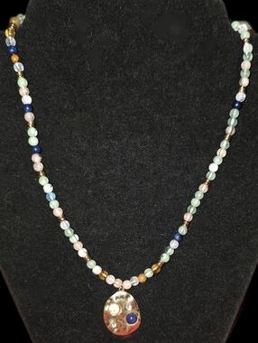 Multi-Color Beaded Necklace with Goldtone Teardrop Pendant